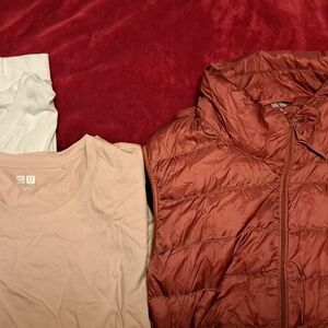 Uniqlo Rust Puffer Vest and Neutral Tops